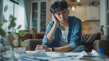 Business financial concept, owe asian young man, male sitting on couch stressed hand calculate expense on table at home from invoice or bill have no money to pay mortgage or loan, debt bankruptcy.