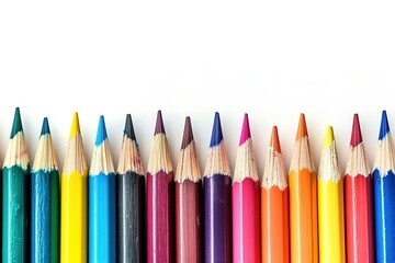 A row of colored pencils on a white background