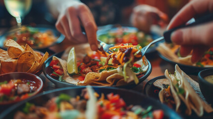 Close up of people eating Mexican food in restaurant.