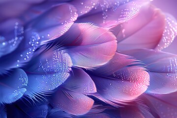 A closeup of soft, delicate feathers in shades of purple and blue, creating an abstract background with intricate patterns.