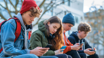 Group of young people using smart mobile phone device outside - Teenagers addicted to social media - College students watching smartphone in university campus - Modern technology concept - obrazy, fototapety, plakaty