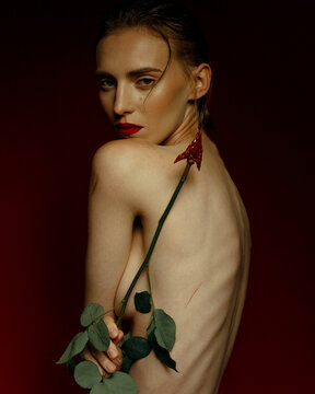 Sensual portrait of a model with a rose arrow