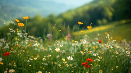 Fototapeta premium Green hill with wildflowers, sunny day, close-up on flowers, vibrant and lively, high saturation.