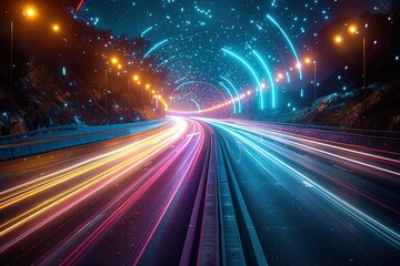A long exposure photo of neon lights on the highway at night