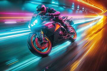 A neon-colored motorcycle is speeding down a road. The bright colors and the motion blur of the...