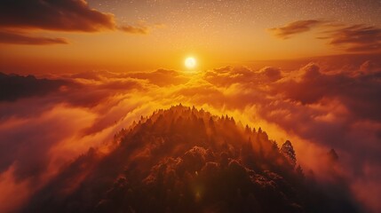 Fototapeta na wymiar Golden sunrise over misty forest hills, birds-eye view, warm and vibrant colors, high clarity. Midnight mountain under starry sky, silhouette of peaks, wide angle, cold tones, crystal clear stars.