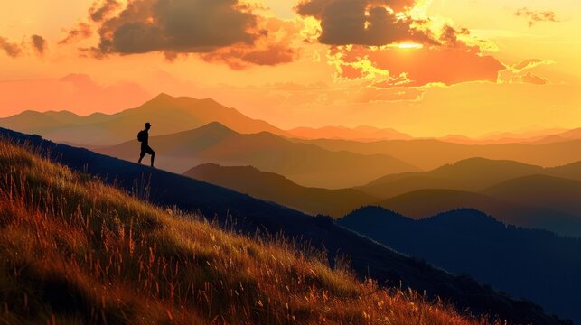 Silhouette man climber in high mountain at sunset view. Generated AI image