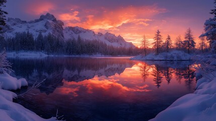 Alpine landscape, sunset, vivid colors reflected on snow, panoramic view, crystal clear, dynamic range.