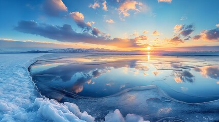 Alpine landscape, sunset, vivid colors reflected on snow, panoramic view, crystal clear, dynamic...