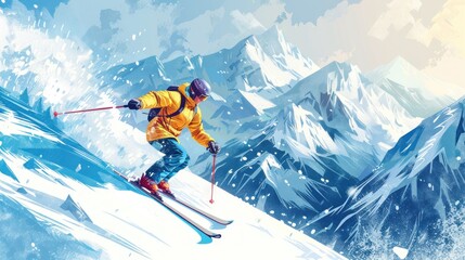 Skier action down at a winter snowy mountain. Generated AI image