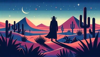 Fototapeta premium Man in Cloak and Hat Amidst Desert Night. A silhouette of a man in a cloak and hat stands in a desert under a moonlit starry sky.