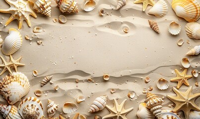 Shell decorations delicately adorn the sandy bottom of the beach, creating an enchanting and serene scene. Shells on a sandy background with copy space.