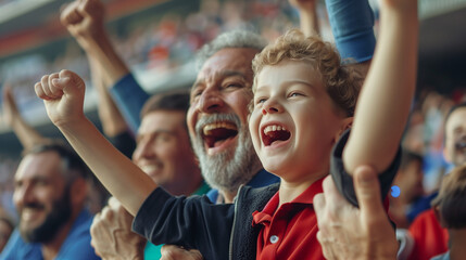 Happy kid cheering with his father and grandfather during sports game at stadium.