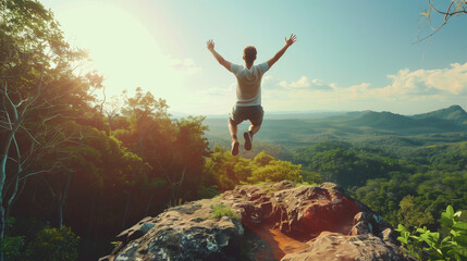 
Happy man with arms up jumping on the top of the mountain - Successful hiker celebrating success on the cliff - Life style concept with young male climbing in the forest pathway