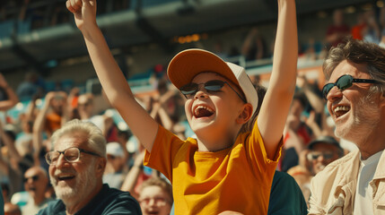 Happy kid cheering with his father and grandfather during sports game at stadium. - obrazy, fototapety, plakaty