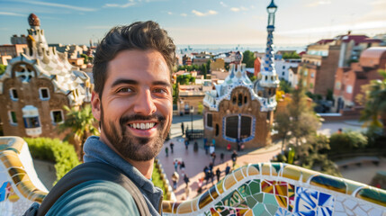 Happy tourist take selfie self-portrait with smartphone in Park Guell, Barcelona, Spain - Smiling man on vacation looking at camera - Holidays and travel concept.