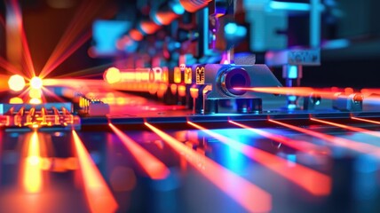 close-up of an optical switch in action, with light beams being redirected to different outputs