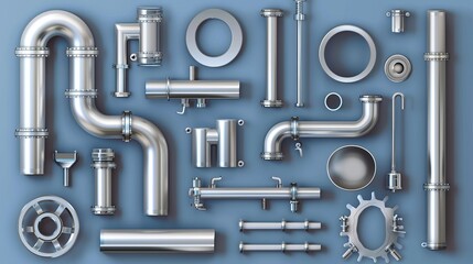 3D Realistic Vector Set of Stainless Steel Pipes and Fittings