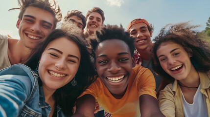 Multicultural group of young people smiling together at camera - Happy friends taking selfie pic with smartphone outdoors - Life style concept with guys and girls enjoying sunny day