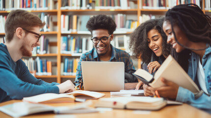 Multiracial university students sitting together at table with books and laptop - Happy young people doing group study in high school library - Life style concept with guys and girls in college campus