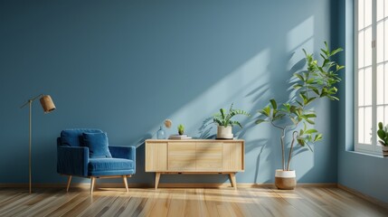 Modern living room with armchair, cabinet, lamp on wood flooring blue wall background. AI generated