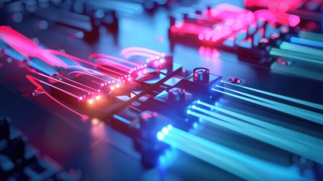close-up of an optical switch in action, with light beams being redirected to different outputs