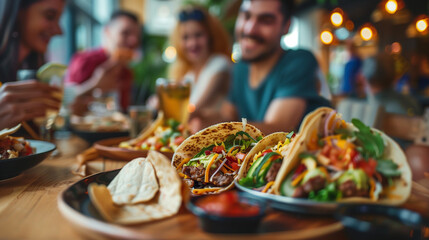 
Young man enjoying in taste of tacos while having lunch with friends in restaurant. - obrazy, fototapety, plakaty