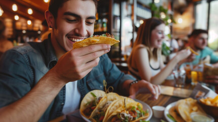 
Young man enjoying in taste of tacos while having lunch with friends in restaurant.
