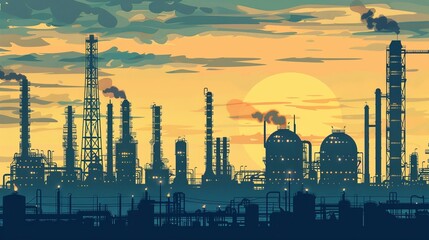 Fototapeta na wymiar Industrial Factories Silhouette with Oil Refinery Vector Landscape