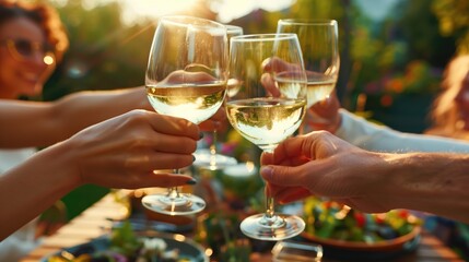 Cheerful friends outdoors having picnic in the backyard toasting cheers with wineglasses filled with white wine on sunny day - Powered by Adobe