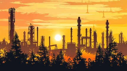 Industrial Factories Silhouette with Oil Refinery Vector Landscape