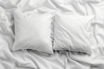 Fototapeta na wymiar Blank soft pillows on white bed