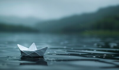 Serene and calm scene of a simple paper boat floating on the water surface. Paper boat sailing in serene water and cloudy weather.