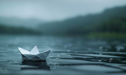 Fototapeta premium Serene and calm scene of a simple paper boat floating on the water surface. Paper boat sailing in serene water and cloudy weather.