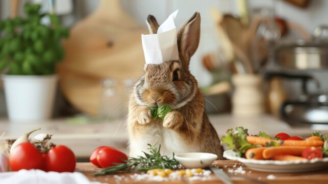 The cute behavior of the rabbit becomes a chef to cook food Generated AI image