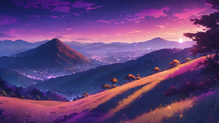 2d illustration of beautiful purple sunset sky with mountain view