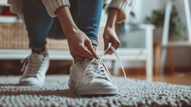 Closeup woman in stylish white sneakers tying shoelaces in the home living room. AI generated image