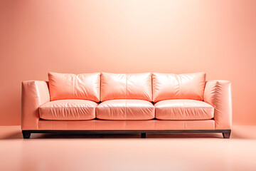 Modern leather sofa in a soft peach color against the background of a light empty mock-up wall. copy space