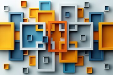 Abstract background with white squares and blue, orange and grey color square shapes