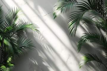 Abstract shadow of palm leaves on white background, soft focus and shadow overlay effect for product presentation mockup design