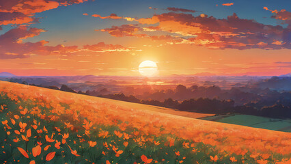 2d illustration of Golden Sunset Over Blossoming Fields