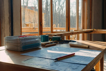 Architectural drawing and design drawing for a technical project in architecture on a table in a house under construction with large windows