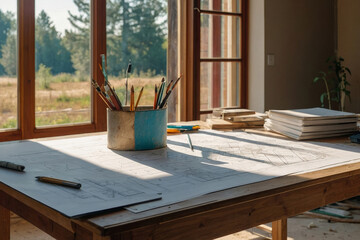 Architectural drawing and design drawing for a technical project in architecture on a table in a house under construction with large windows