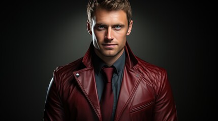 Obraz premium Portrait of a handsome young man in leather jacket. Men's beauty, fashion.