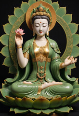 Guanyin with two hands, gracefully adorned with radiant ornaments, seated upon a magnificent lotus flower