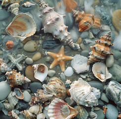 Collection of marine invertebrates like shells and starfish on a rocky beach