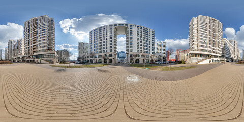 360 hdri panorama near skyscraper multistory buildings of residential quarter complex in full equirectangular seamless spherical projection