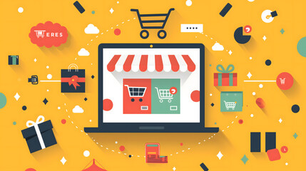 online store icon surrounded by various shopping elements such as gift boxes, coins and a cart on top of the laptop screen. The background is yellow with some color splashes to emphasize the shopping 
