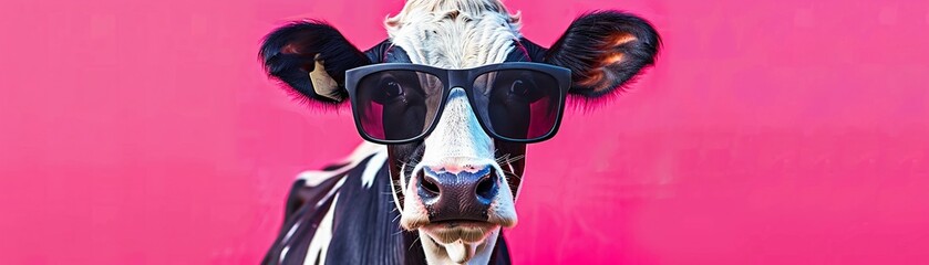 A humorous portrait of a cow wearing sunglasses against a bright pink backdrop. - obrazy, fototapety, plakaty