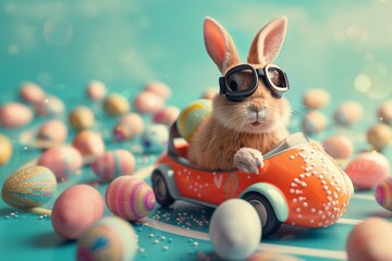 A humorous scene of a bunny wearing goggles driving a car shaped like an Easter egg on a racetrack scattered with eggs. - obrazy, fototapety, plakaty
